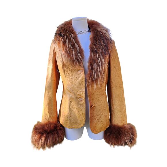 Vtg 90s Commandments Funky Hippie Spikey Fur Trim Leather 70s Style Coat Sz S - Picture 2 of 9